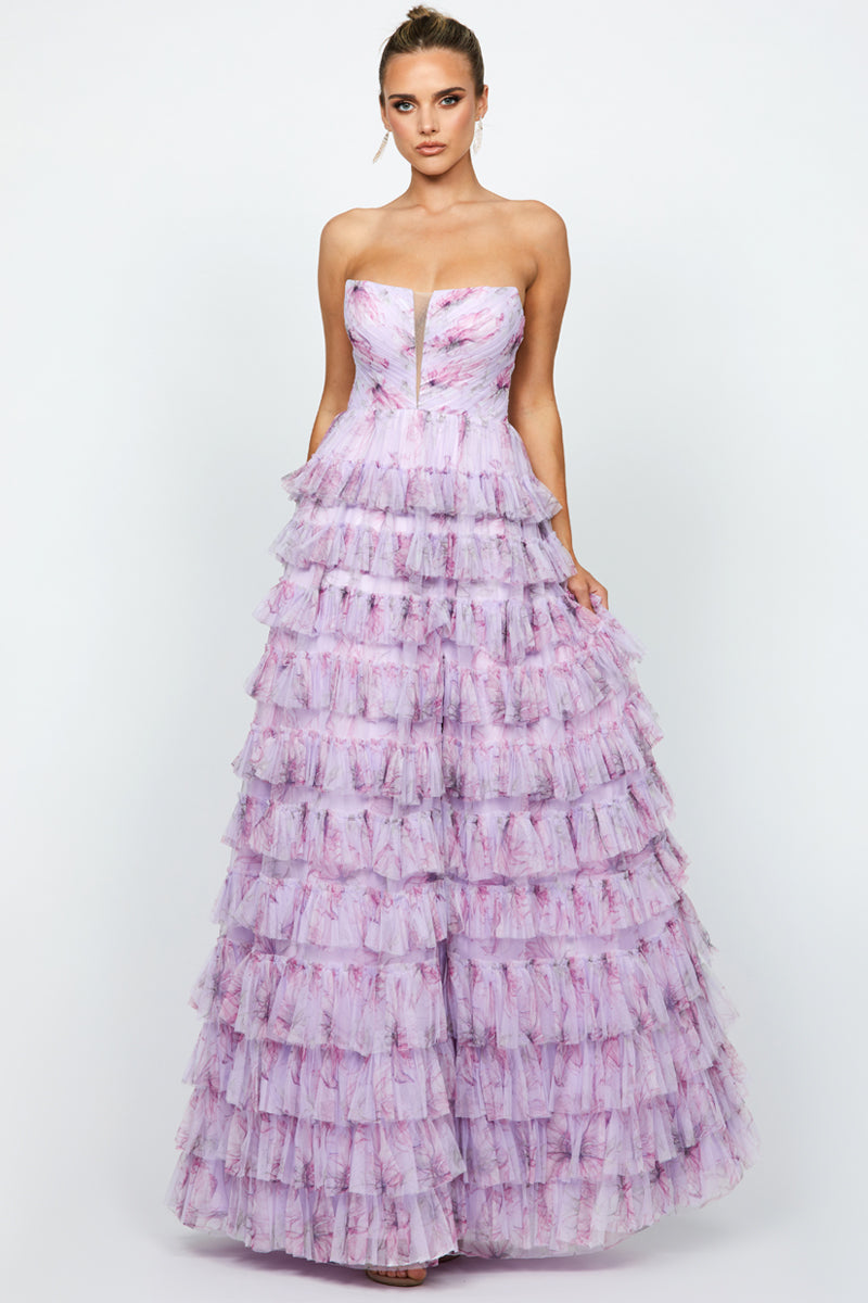 HARMONI STRAPLESS TIERED BALL GOWN IN LILAC PRINT