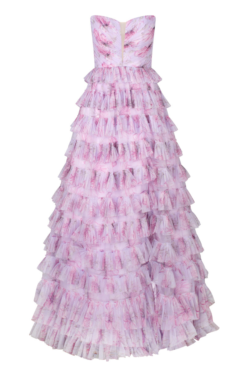 HARMONI STRAPLESS TIERED BALL GOWN IN LILAC PRINT