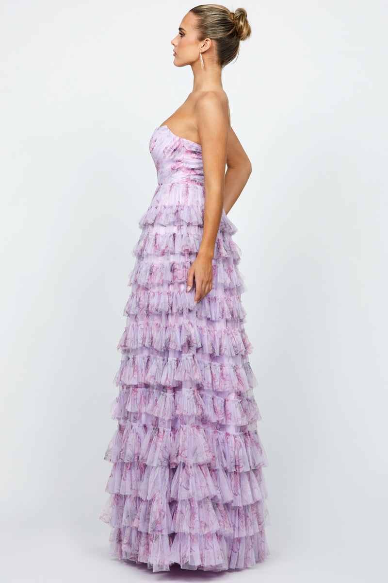 HARMONI STRAPLESS TIERED BALL GOWN IN LILAC PRINT