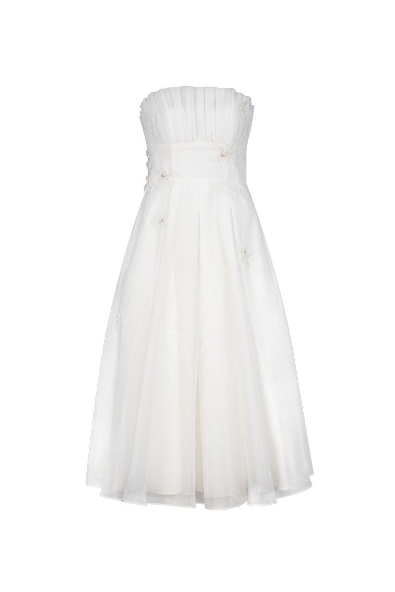 ALAYAH STRAPLESS TEA LENGTH MIDI IN WHITE