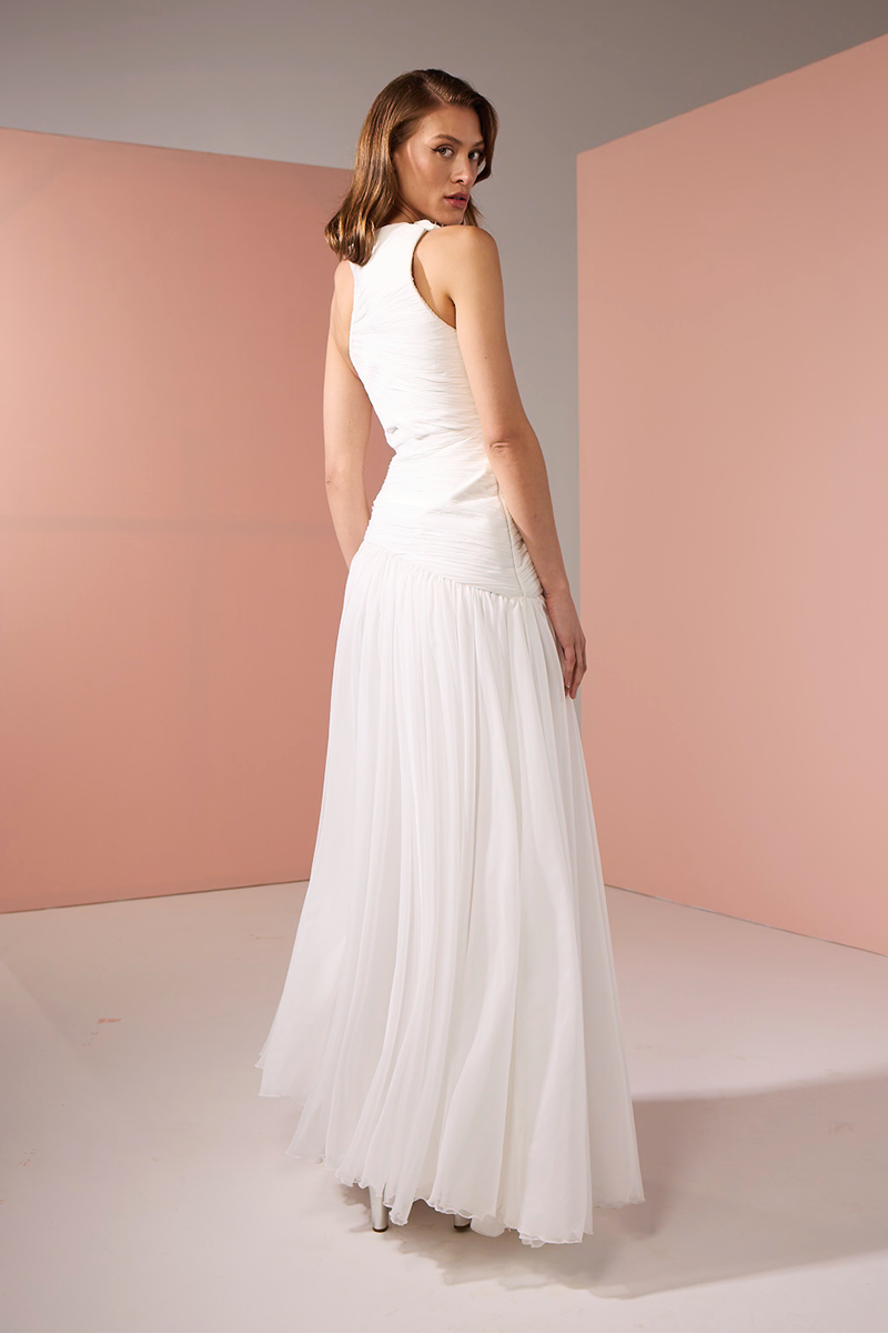 ASYMMETRICAL LOW WAISTLINE GOWN IN WHITE