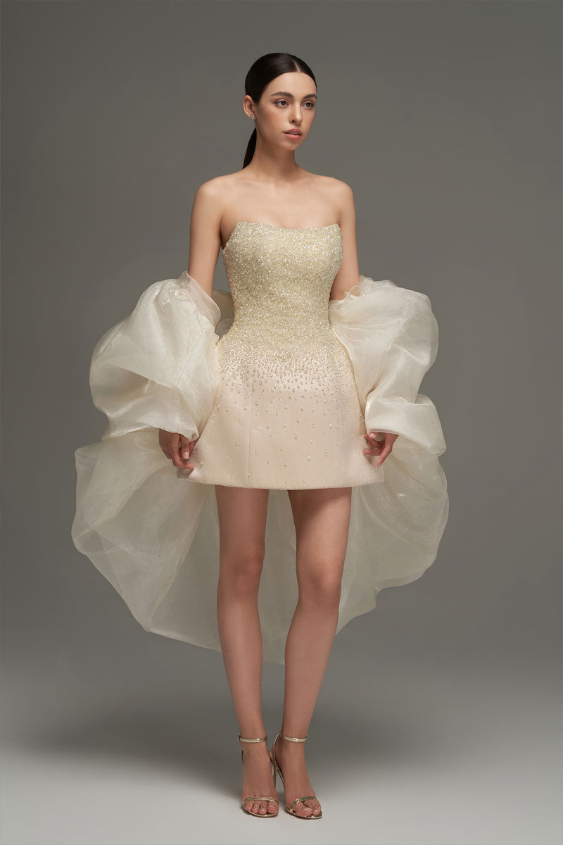 BUSTIER BEADED MINI DRESS IN BEIGE