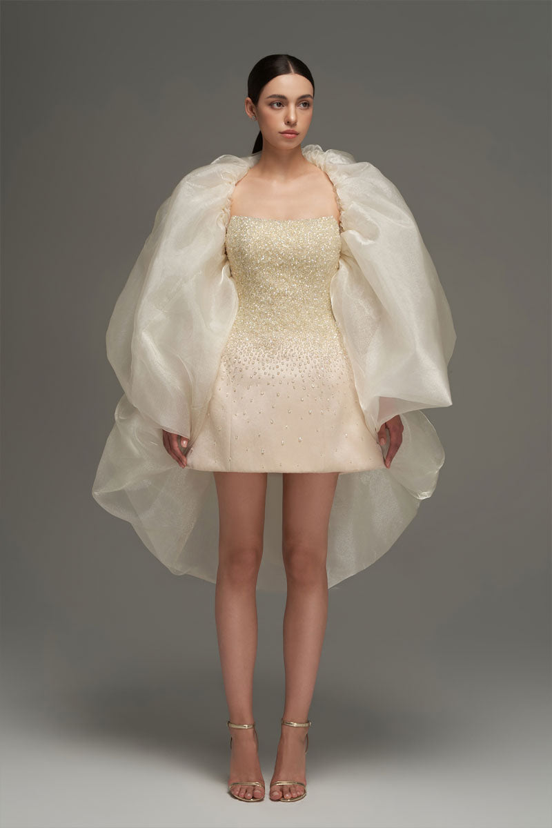 BUSTIER BEADED MINI DRESS IN BEIGE