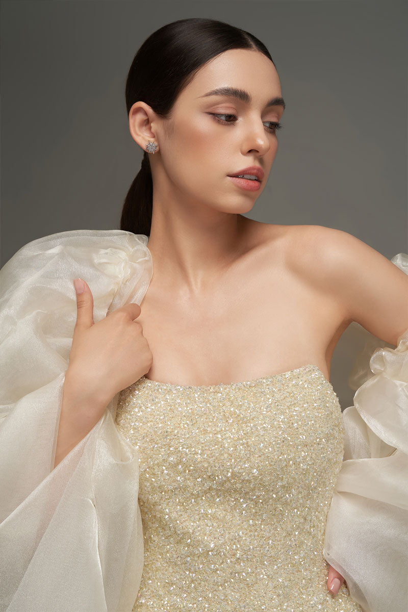 BUSTIER BEADED MINI DRESS IN BEIGE