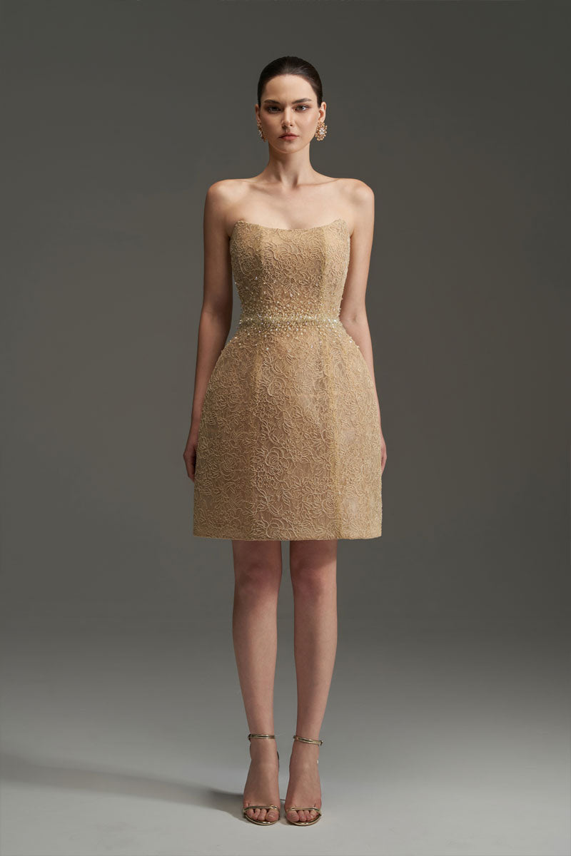 FLORAL MESH LACE DRESS IN GOLD