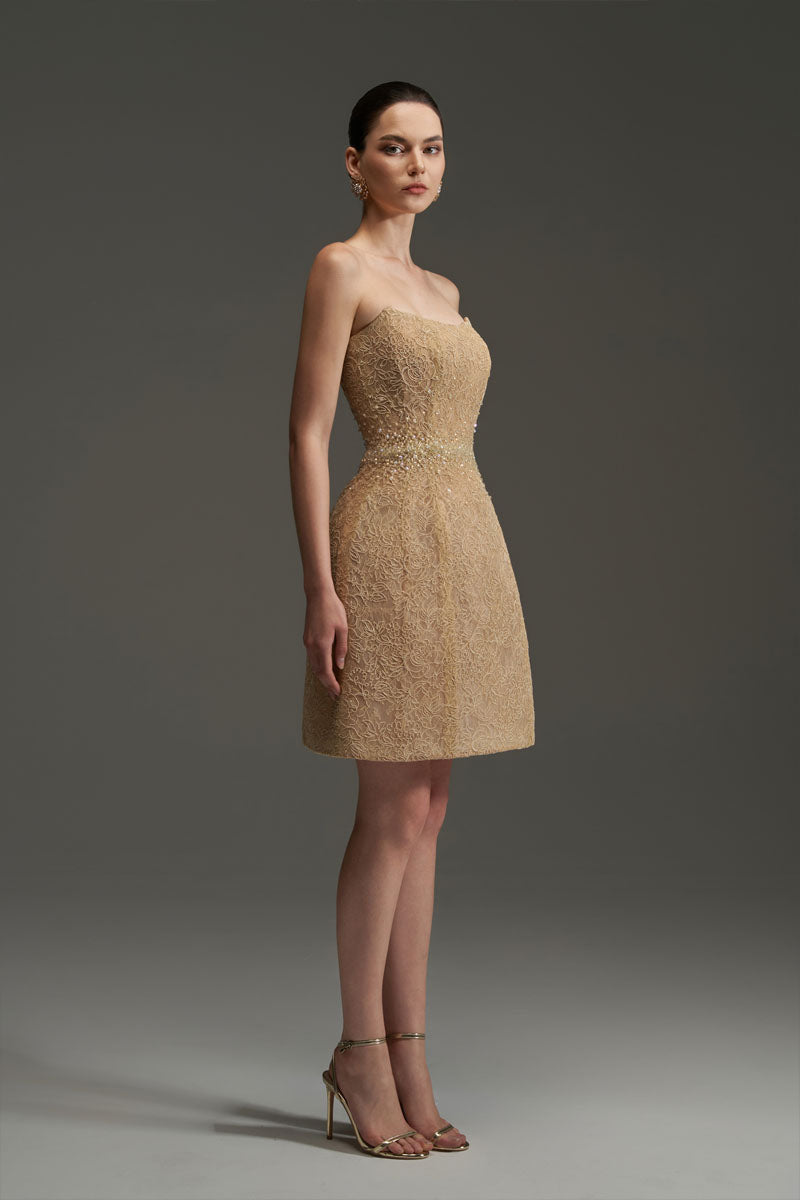 FLORAL MESH LACE DRESS IN GOLD