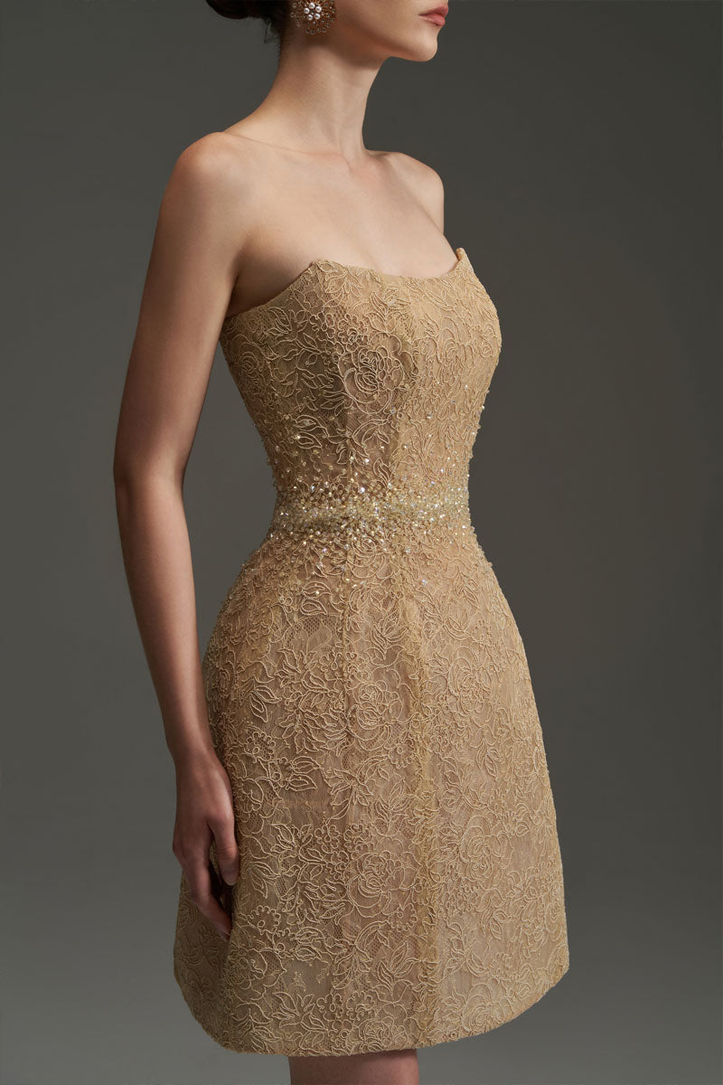 FLORAL MESH LACE DRESS IN GOLD