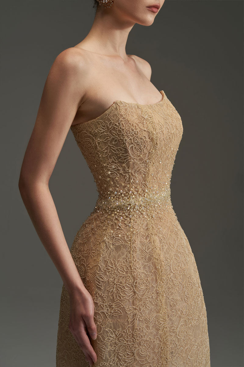 FLORAL MESH LACE DRESS IN GOLD