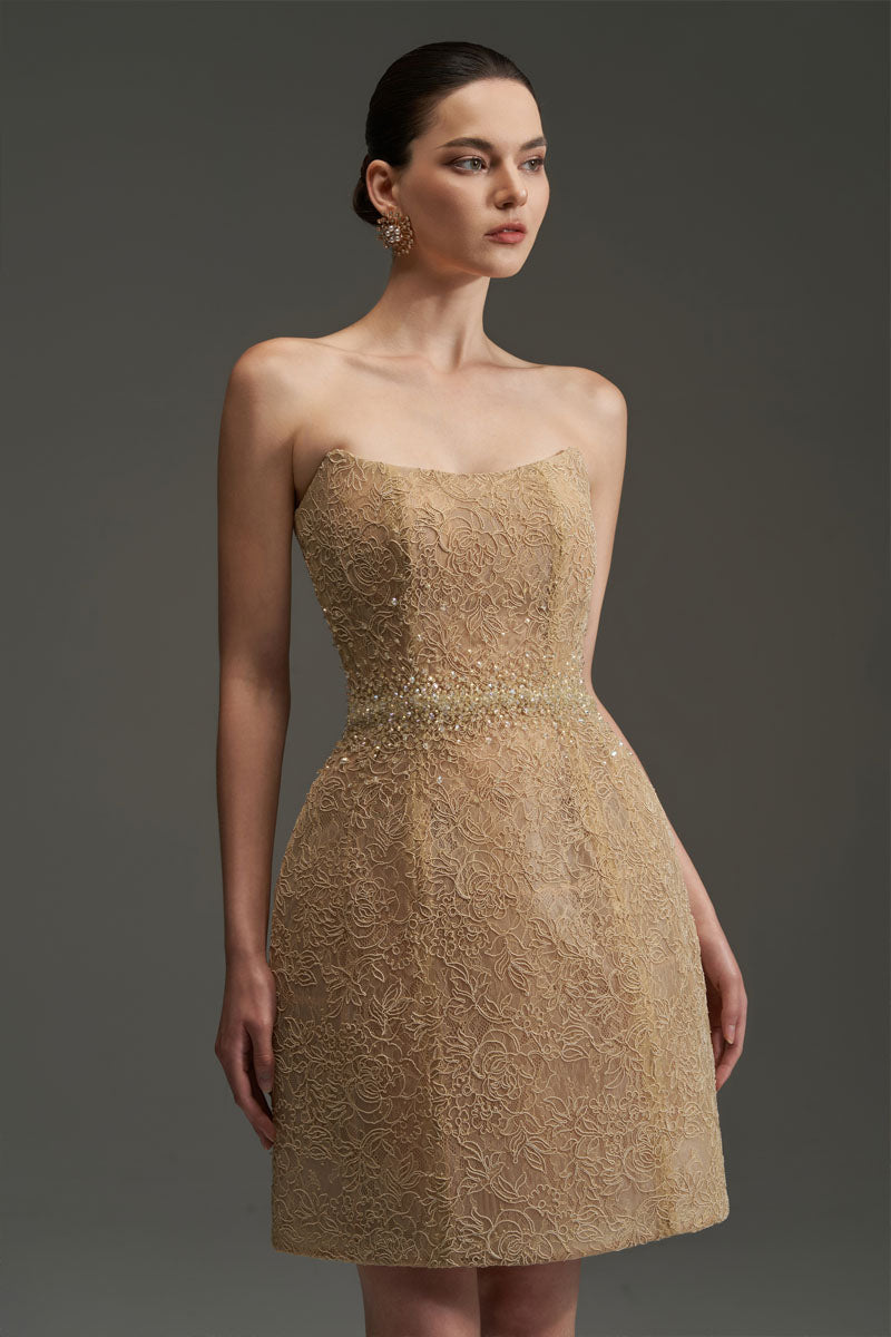 FLORAL MESH LACE DRESS IN GOLD