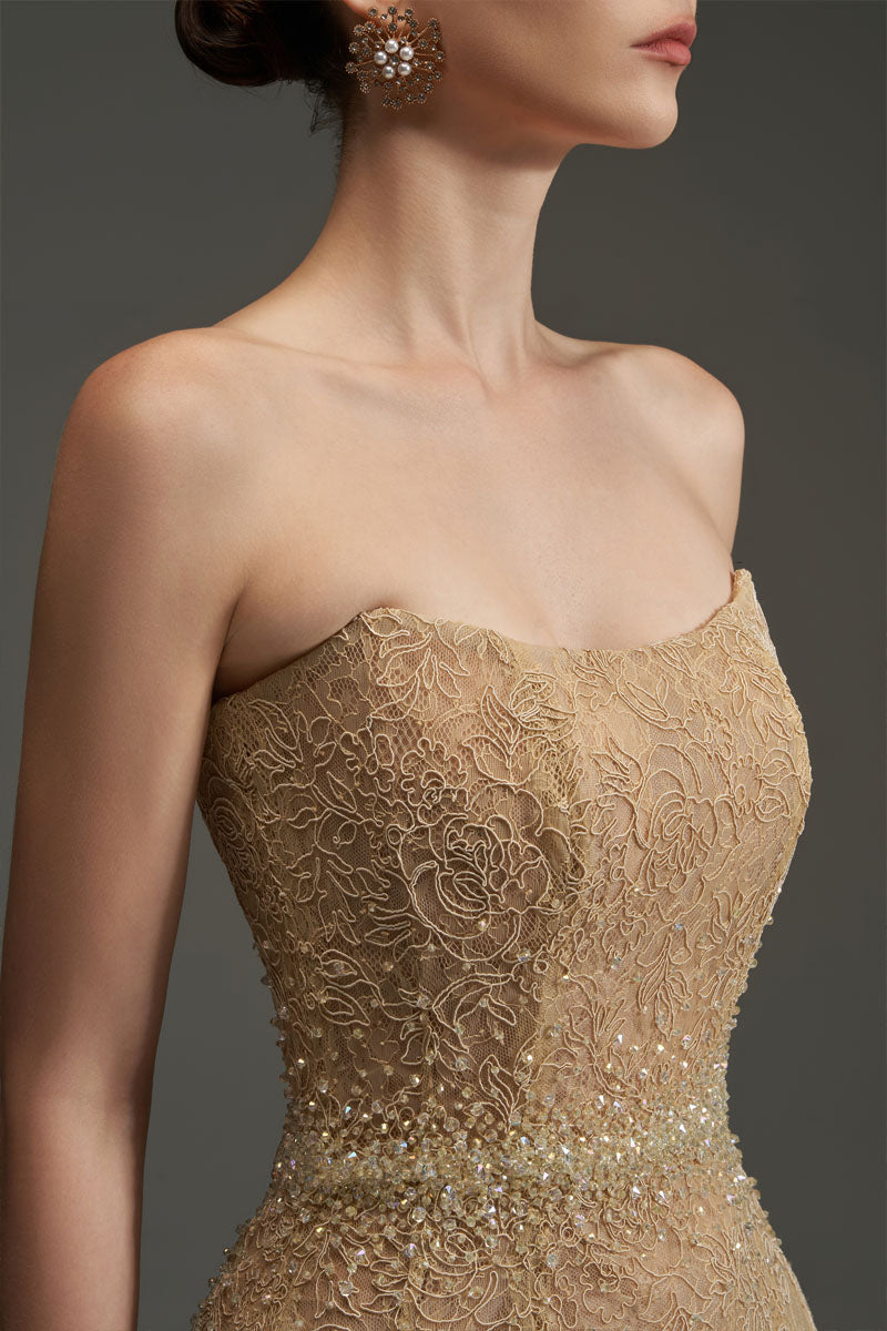 FLORAL MESH LACE DRESS IN GOLD