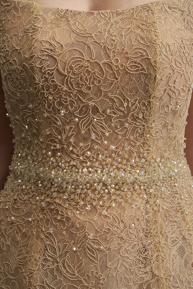FLORAL MESH LACE DRESS IN GOLD