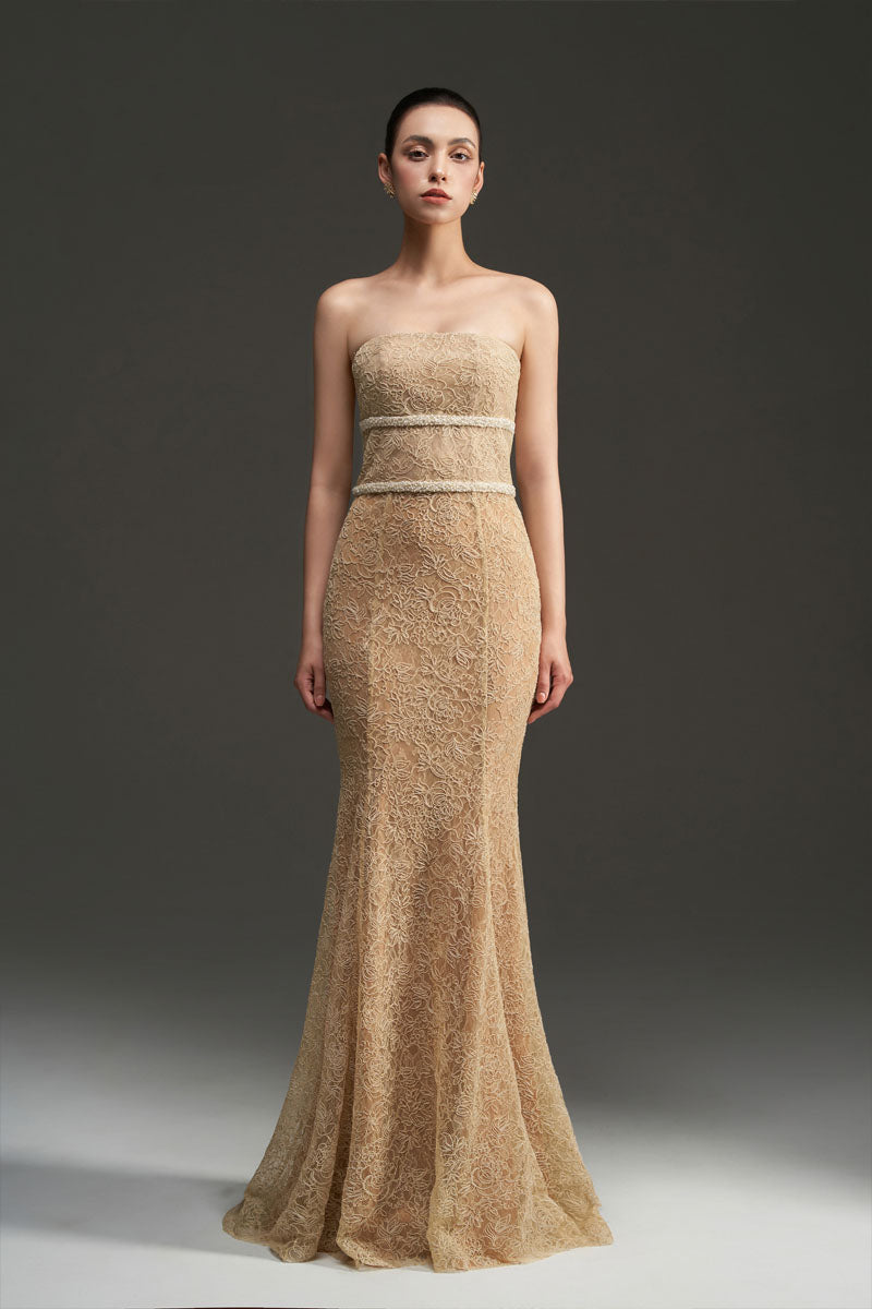 FLORAL MESH LACE AND CHIFFON DRESS IN GOLD