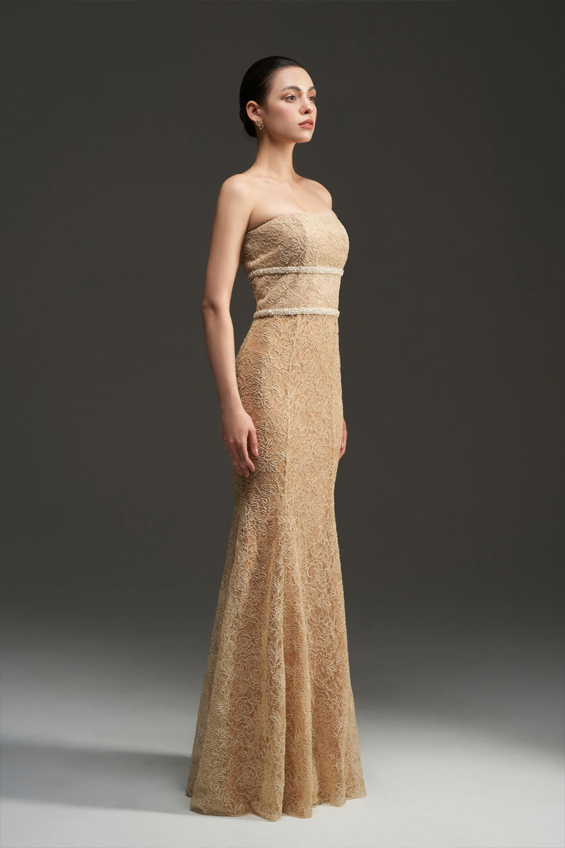 FLORAL MESH LACE AND CHIFFON DRESS IN GOLD