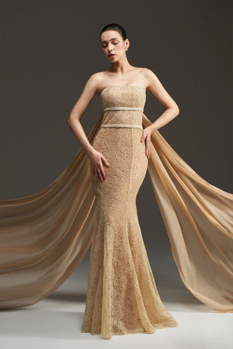 FLORAL MESH LACE AND CHIFFON DRESS IN GOLD