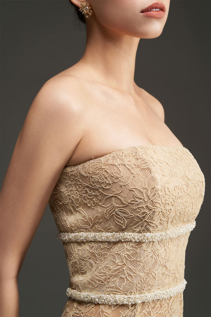 FLORAL MESH LACE AND CHIFFON DRESS IN GOLD