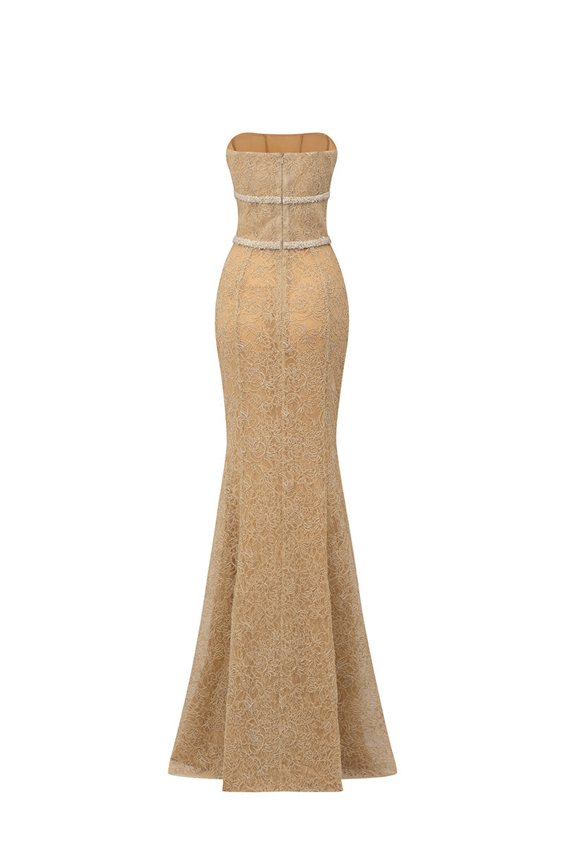 FLORAL MESH LACE AND CHIFFON DRESS IN GOLD