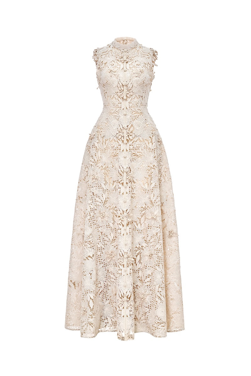 BEIGE FLOWER BEADED MAXI DRESS