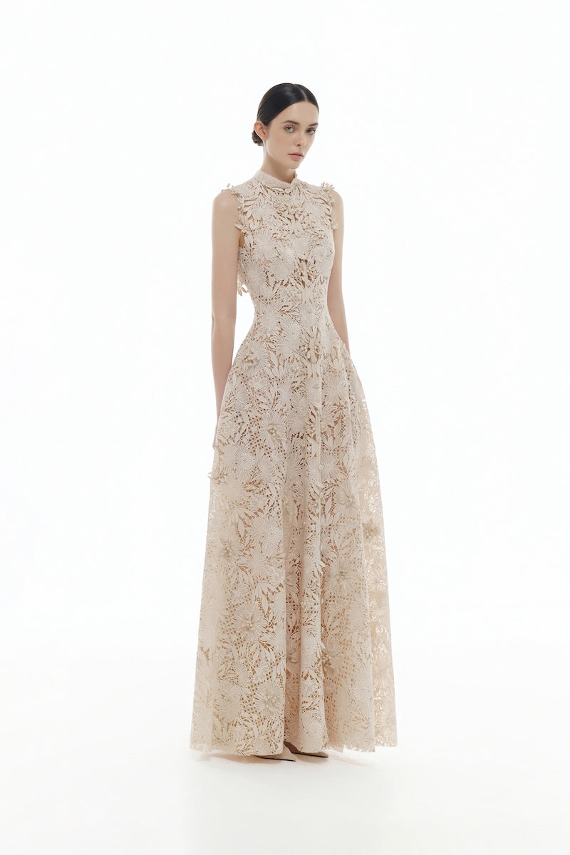 BEIGE FLOWER BEADED MAXI DRESS