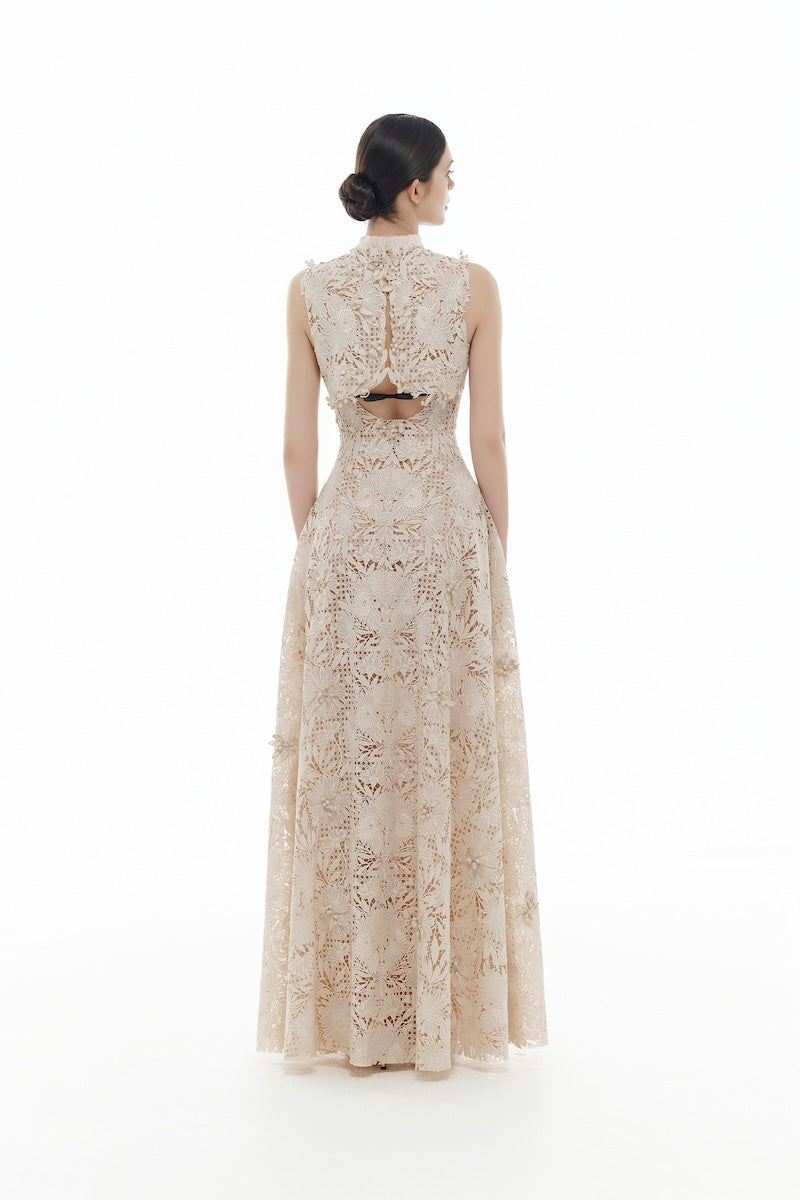 BEIGE FLOWER BEADED MAXI DRESS