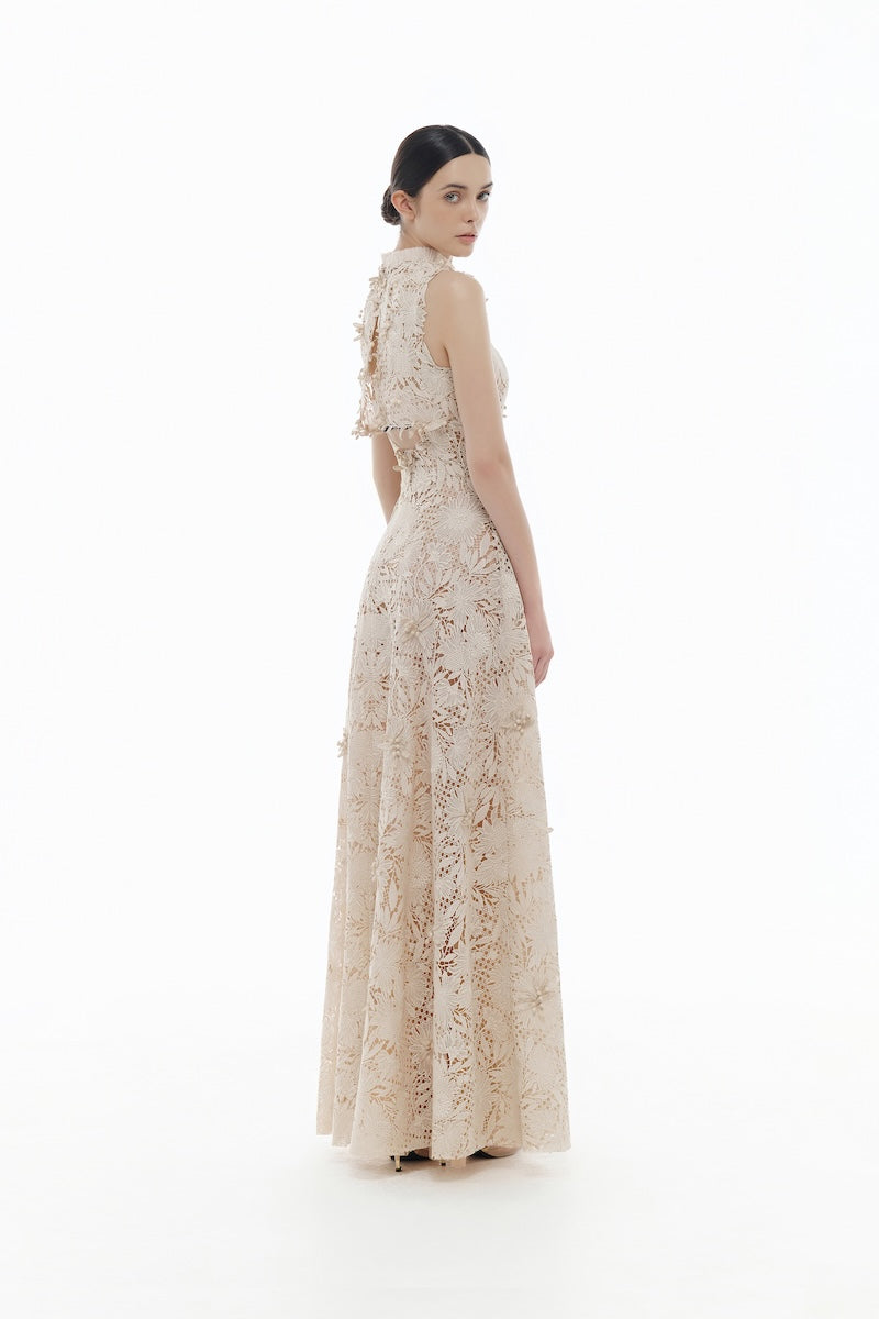 BEIGE FLOWER BEADED MAXI DRESS