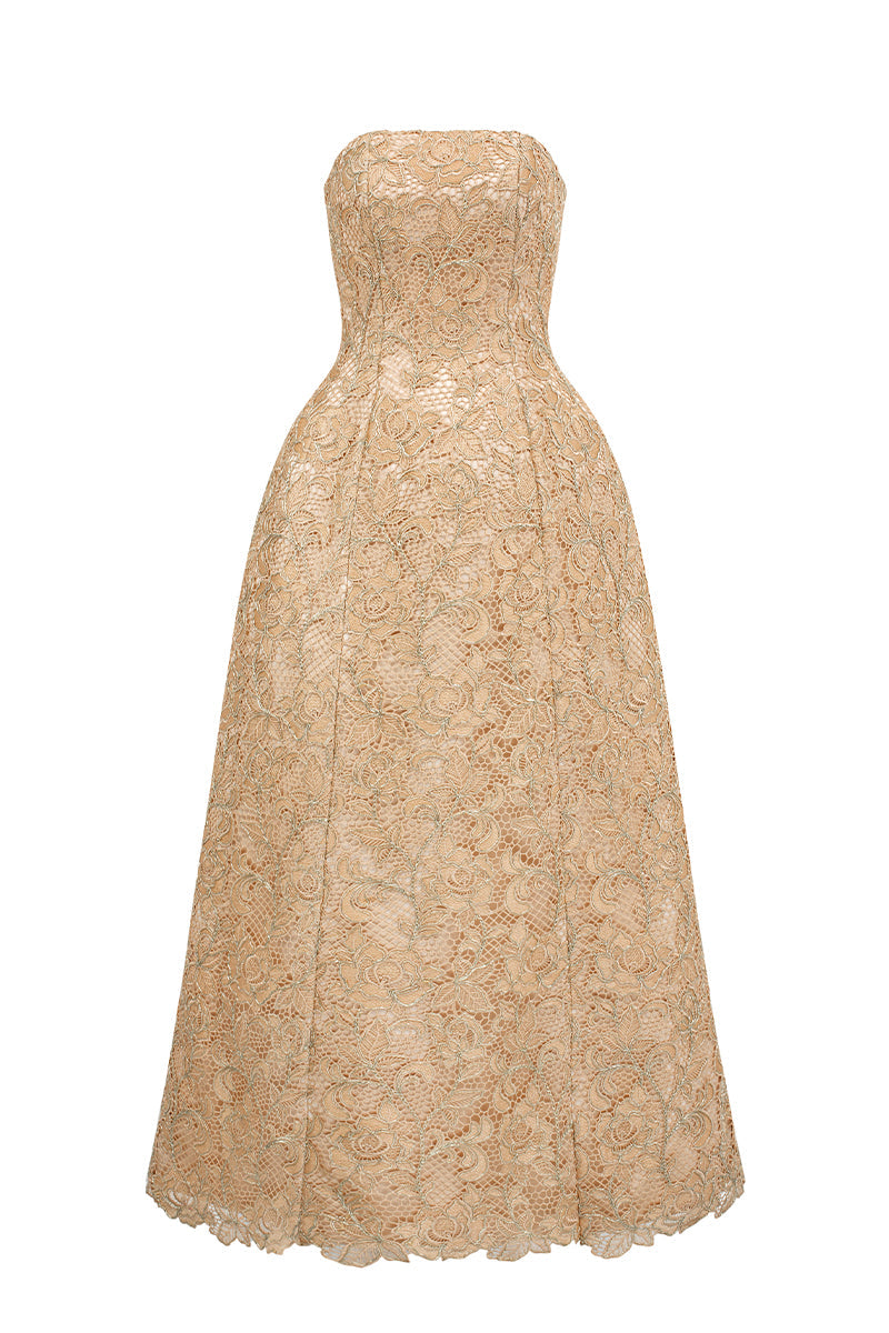 BUSTIER LACE MAXI DRESS IN BEIGE