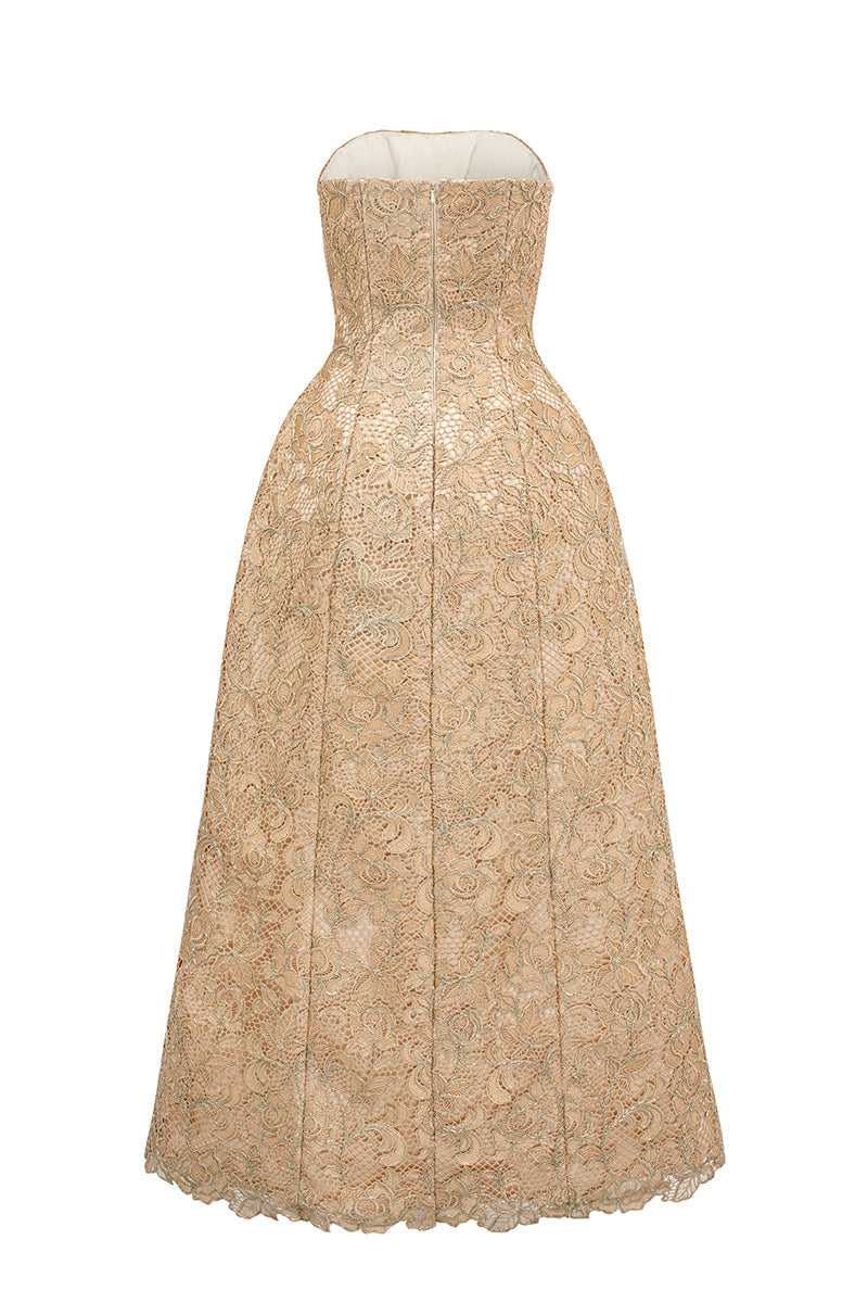 BUSTIER LACE MAXI DRESS IN BEIGE