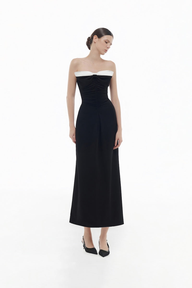 BLACK BOW RUCHED MIDI DRESS
