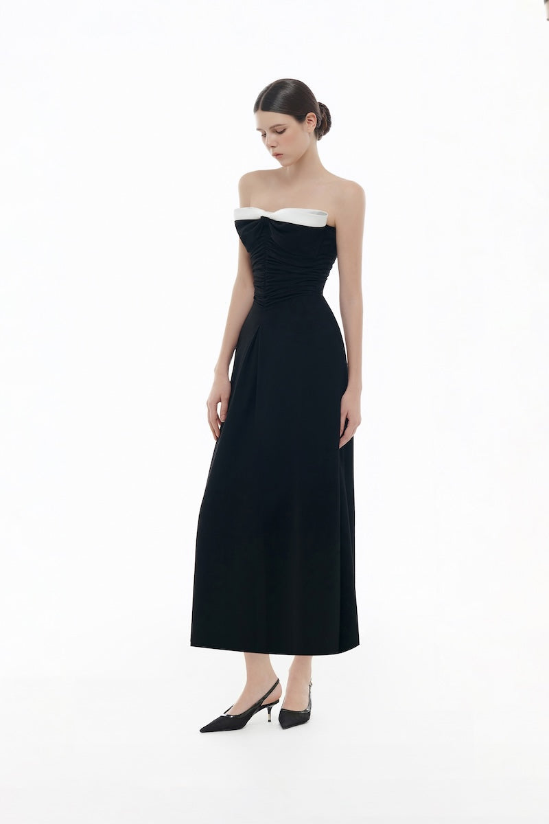 BLACK BOW RUCHED MIDI DRESS