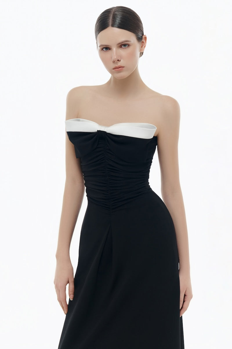 BLACK BOW RUCHED MIDI DRESS