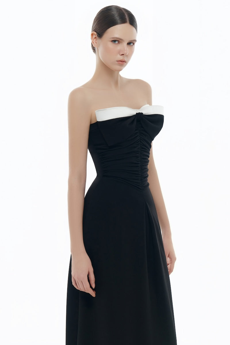 BLACK BOW RUCHED MIDI DRESS
