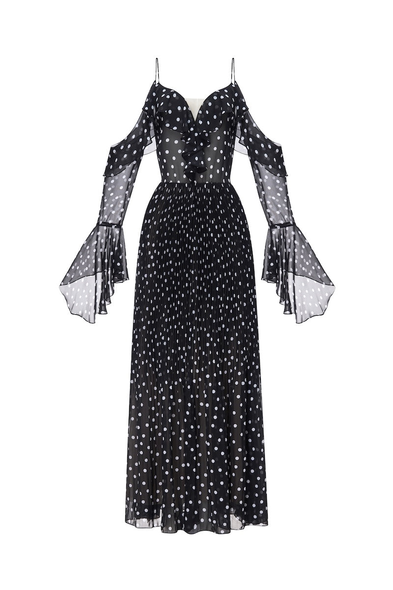 BLACK OFF-SHOULDER FLOWING DRESS
