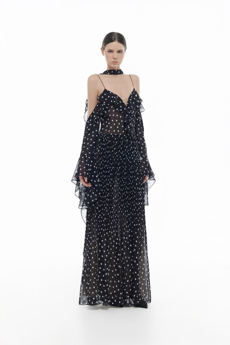 BLACK OFF-SHOULDER FLOWING DRESS