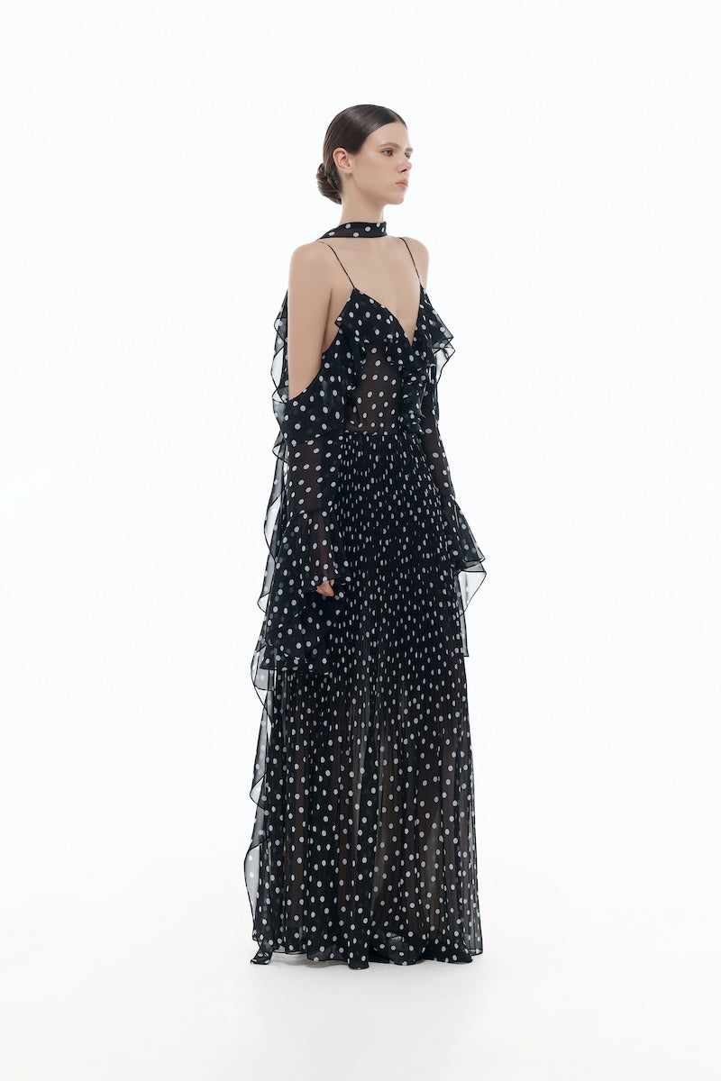 BLACK OFF-SHOULDER FLOWING DRESS