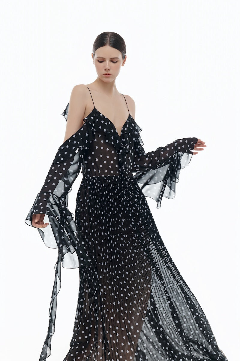 BLACK OFF-SHOULDER FLOWING DRESS