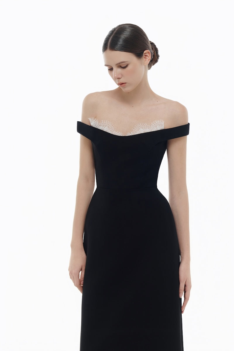 BLACK OFF SHOULDER LACE DETAIL MIDI DRESS