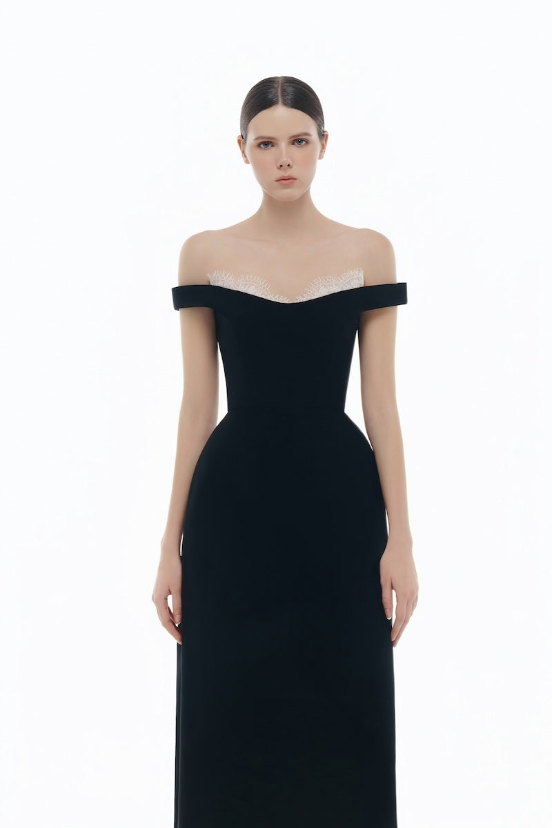 BLACK OFF SHOULDER LACE DETAIL MIDI DRESS