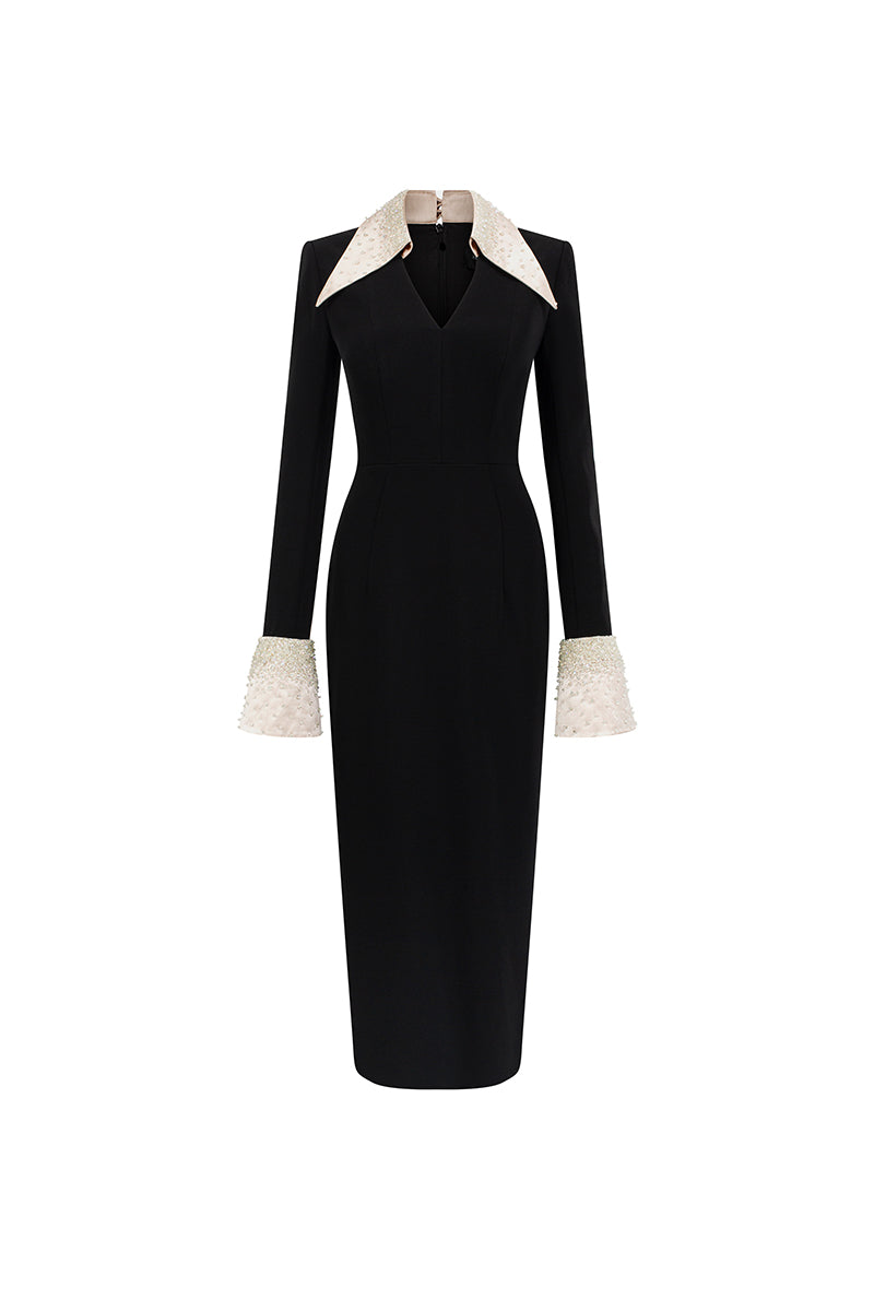 V-NECK FLARED CUFF KNEE LENGTH DRESS IN BLACK AND BEIGE