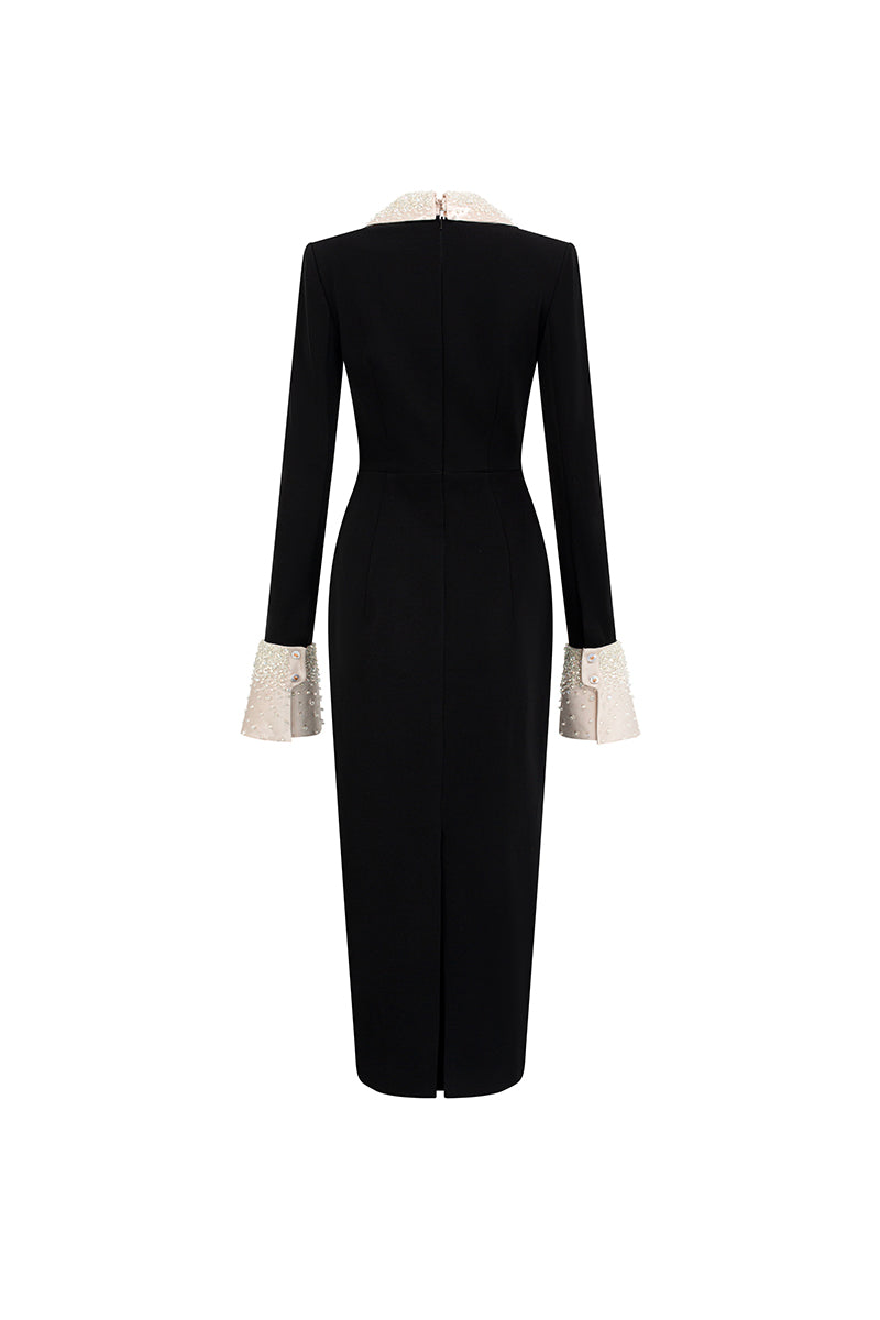 V-NECK FLARED CUFF KNEE LENGTH DRESS IN BLACK AND BEIGE