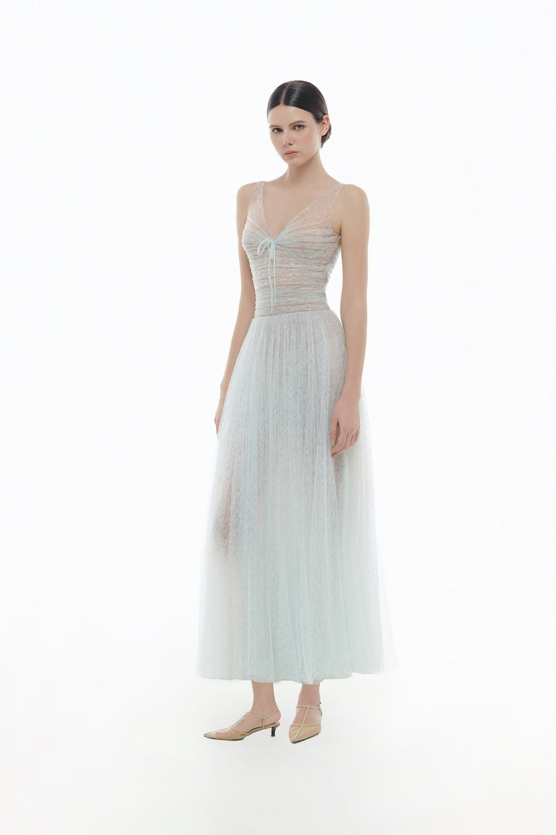 BLUE V-NECK DRAPED MIDI DRESS