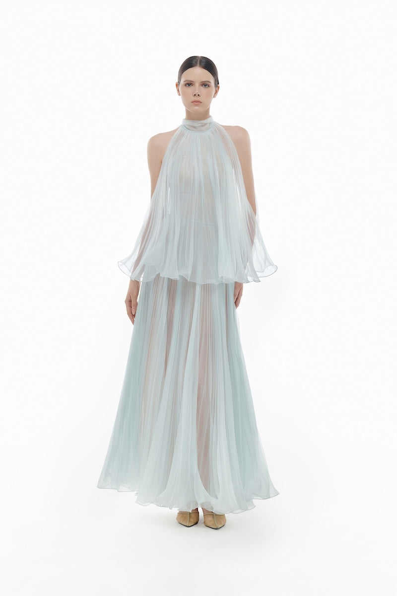 BLUE PLEATED MIDI DRESS