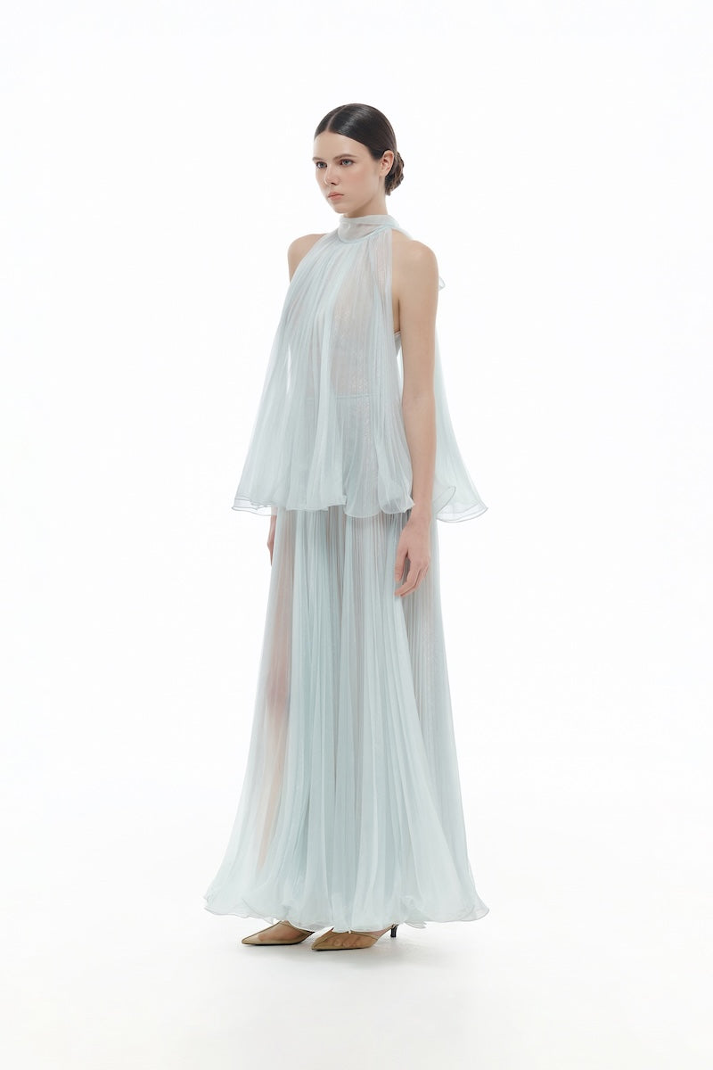 BLUE PLEATED MIDI DRESS