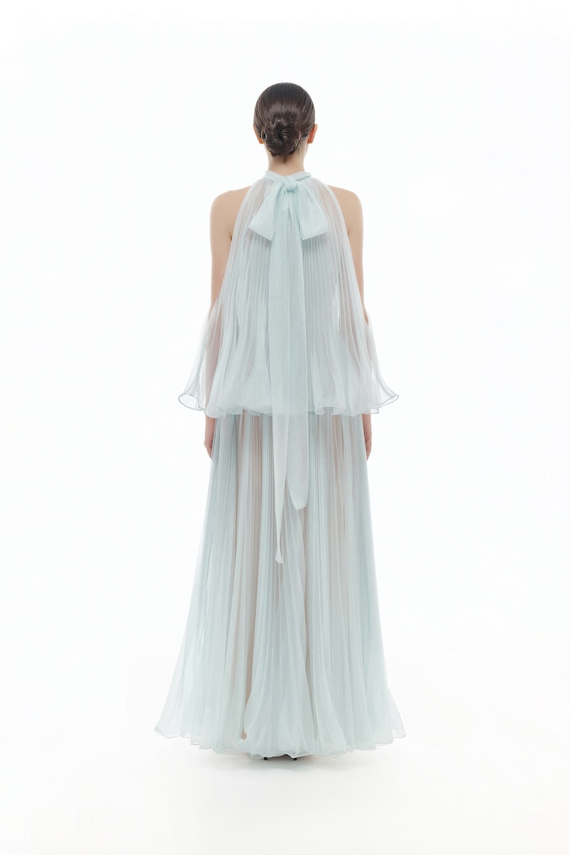 BLUE PLEATED MIDI DRESS
