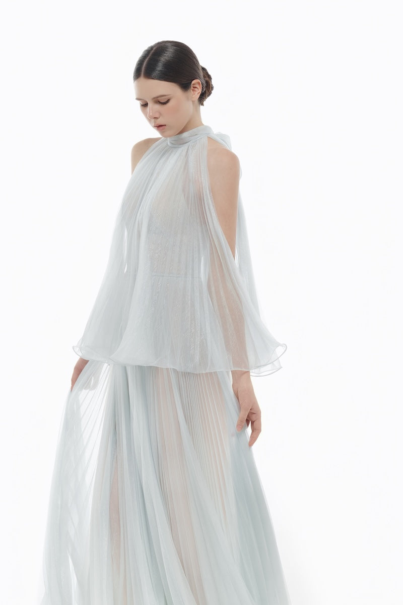 BLUE PLEATED MIDI DRESS