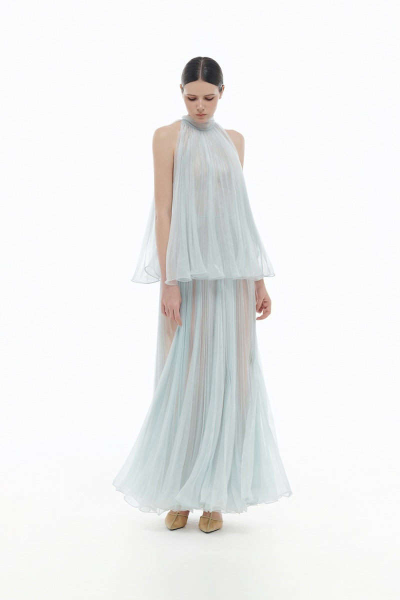 BLUE PLEATED MIDI DRESS