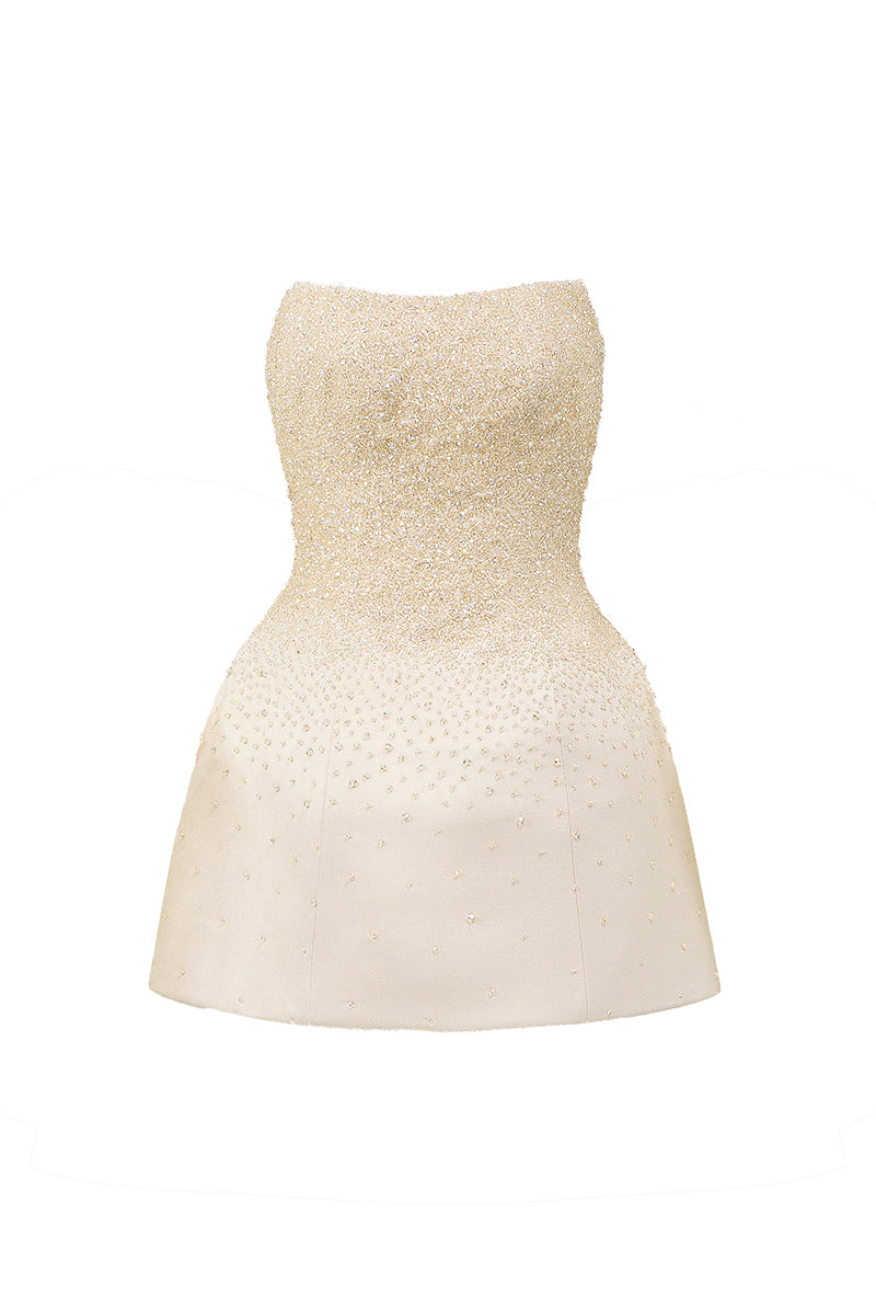 BUSTIER BEADED MINI DRESS IN BEIGE