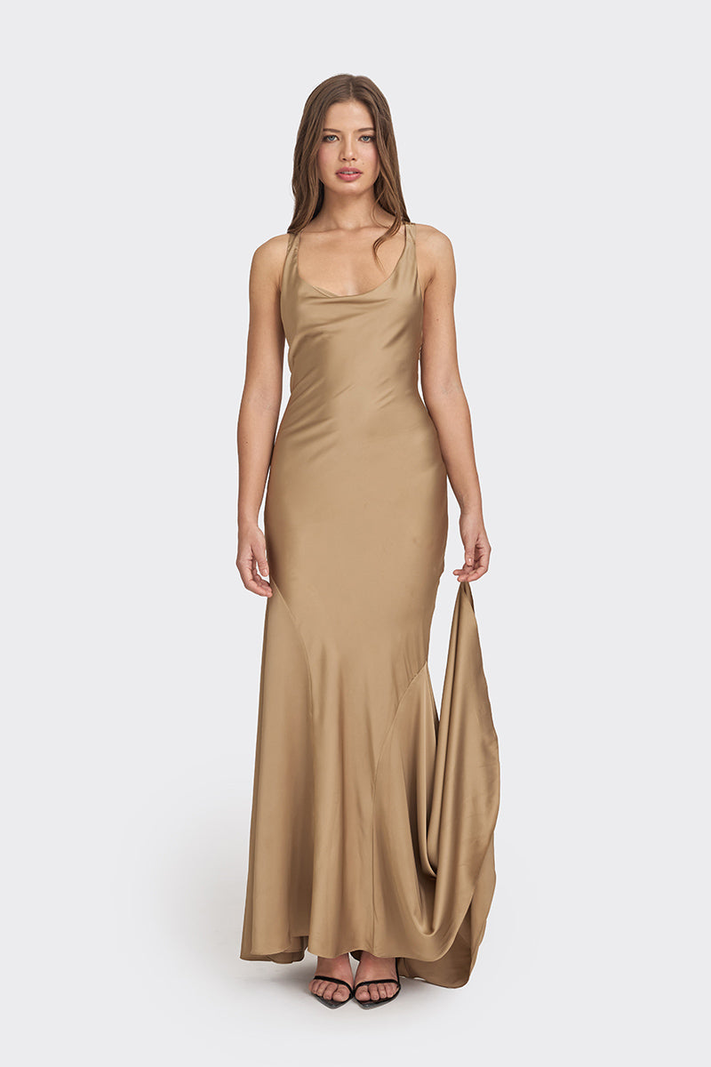 CROSS-BACK GOWN IN TAN BROWN