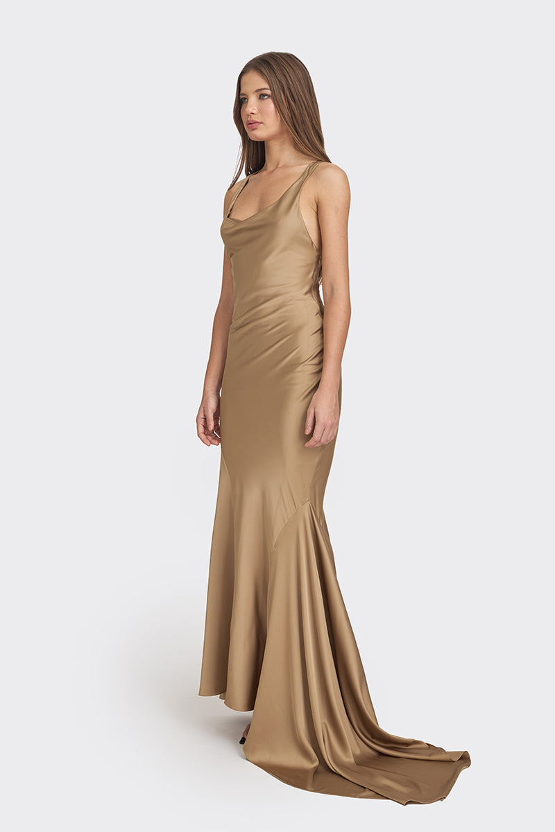 CROSS-BACK GOWN IN TAN BROWN