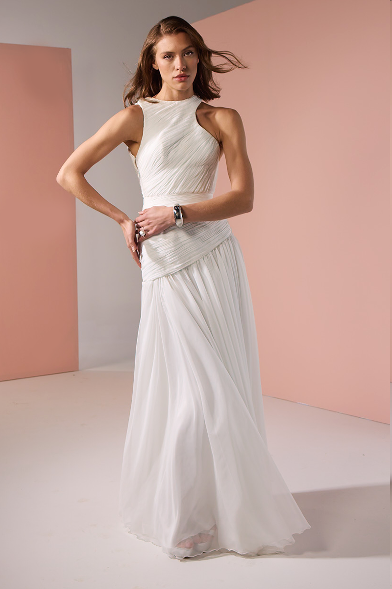ASYMMETRICAL LOW WAISTLINE GOWN IN WHITE