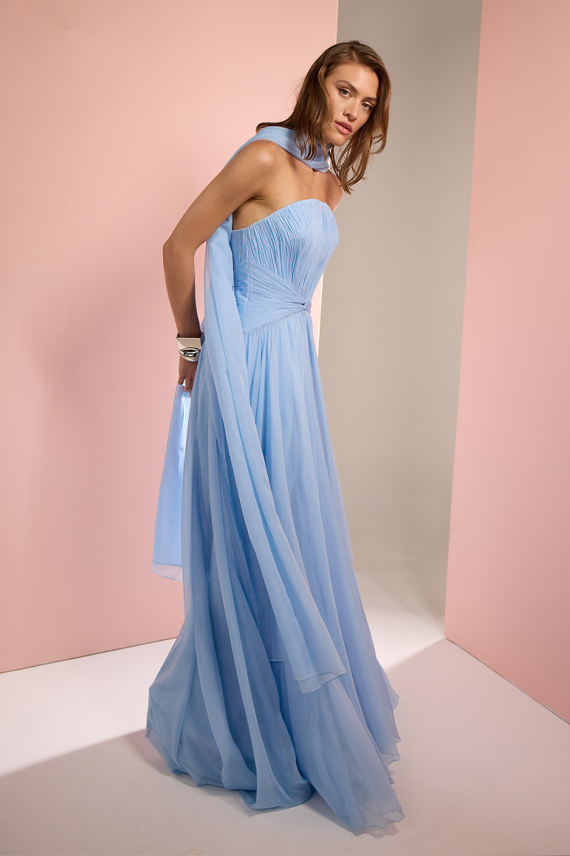 STRAPLESS GOWN WITH SCARF IN BABY BLUE