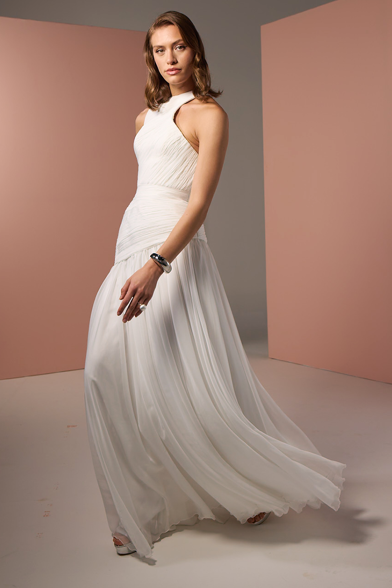 ASYMMETRICAL LOW WAISTLINE GOWN IN WHITE